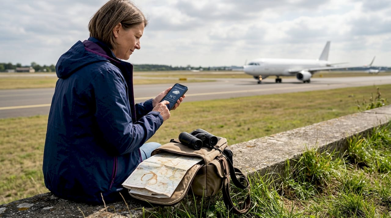 Ein Flugzeugspotter plant sein nächstes Fotoshooting an der Start- und Landebahn des Flughafens.