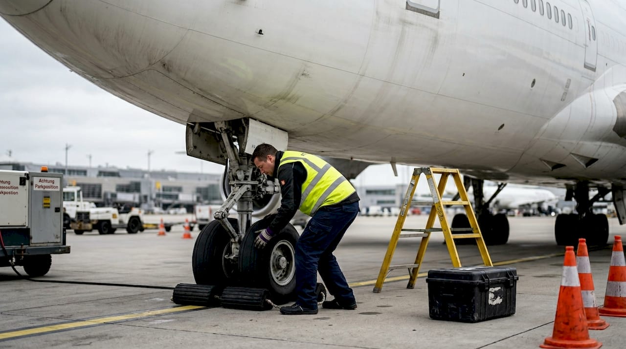 Das Bodenpersonal sichert eine Boeing 747 auf dem Rollfeld.