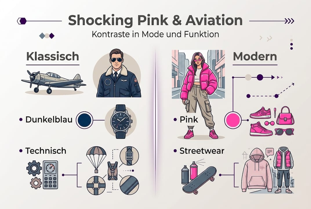 Eine Infografik, die mit auffälligem Pink und einem modernen Luftfahrt-Stil spannende Kontraste setzt.