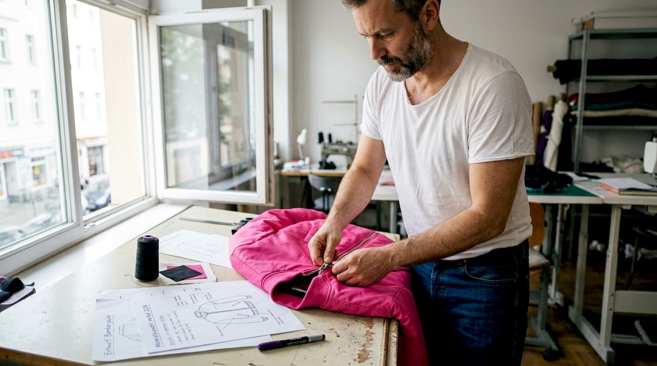 Ein Modedesigner bringt den Reißverschluss einer pinken Jacke in Form.
