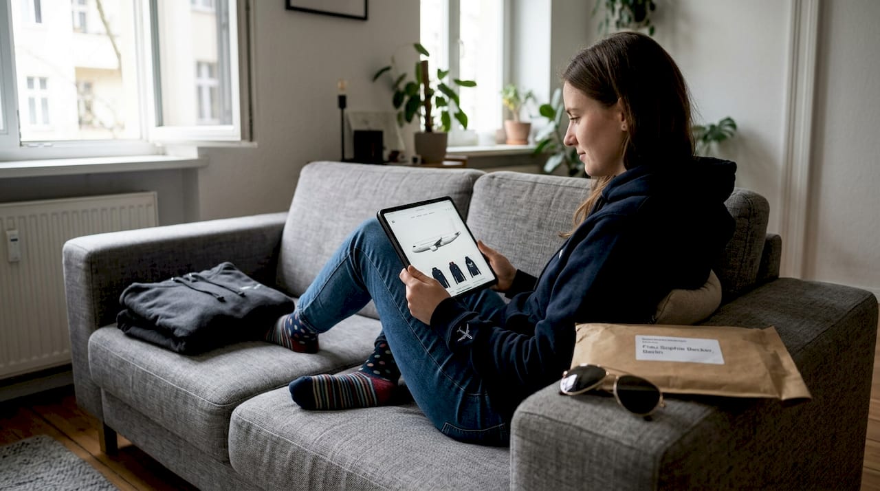 Eine Frau stöbert gemütlich zu Hause durch verschiedene Kapuzenpullover mit Luftfahrt-Motiven.