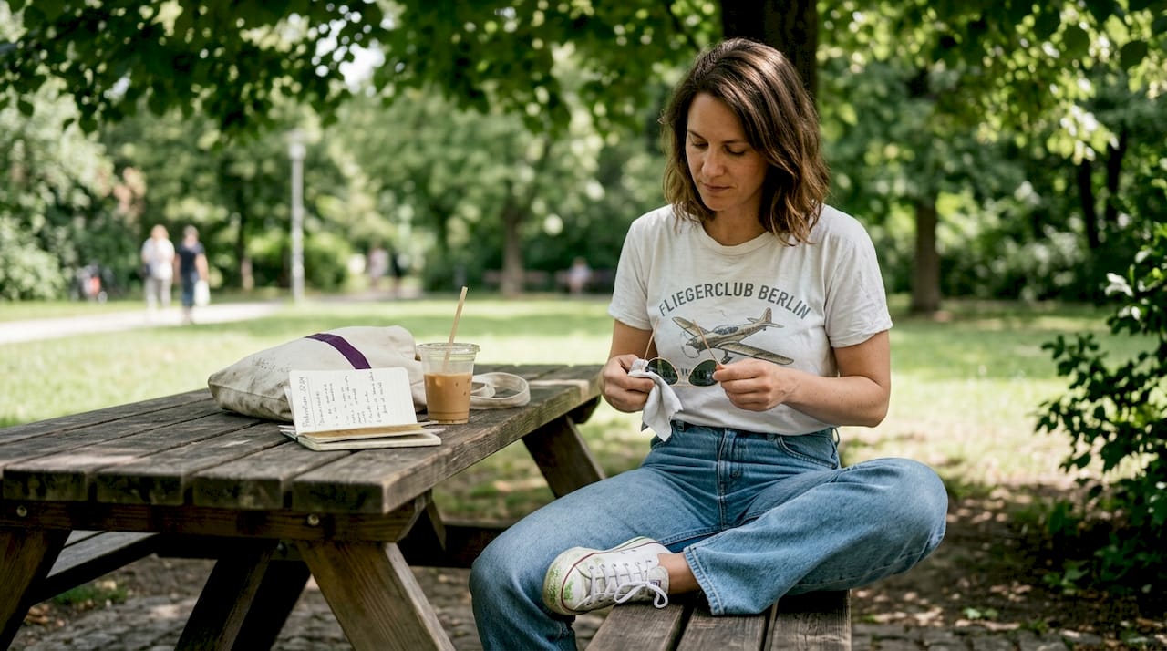 Eine Frau säubert ihre Pilotenbrille, während sie lässig im Park unterwegs ist.