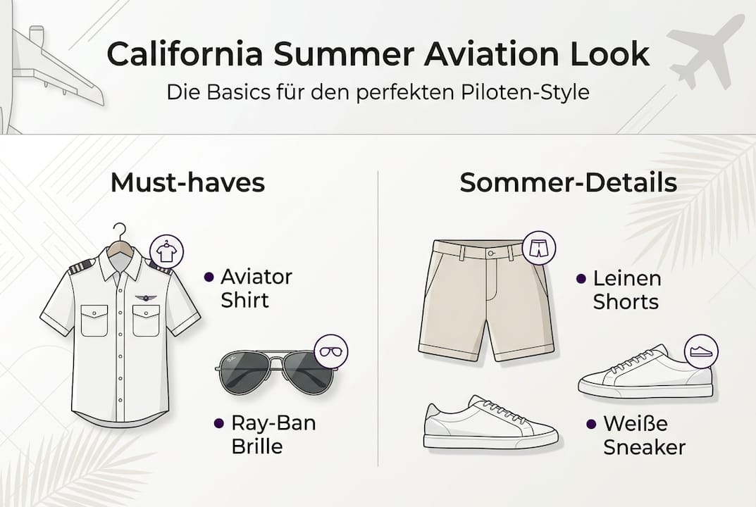 Sommerliche Must-haves fürs perfekte Piloten-Outfit – unsere Infografik zeigt, was in keiner Fliegergarderobe fehlen darf.