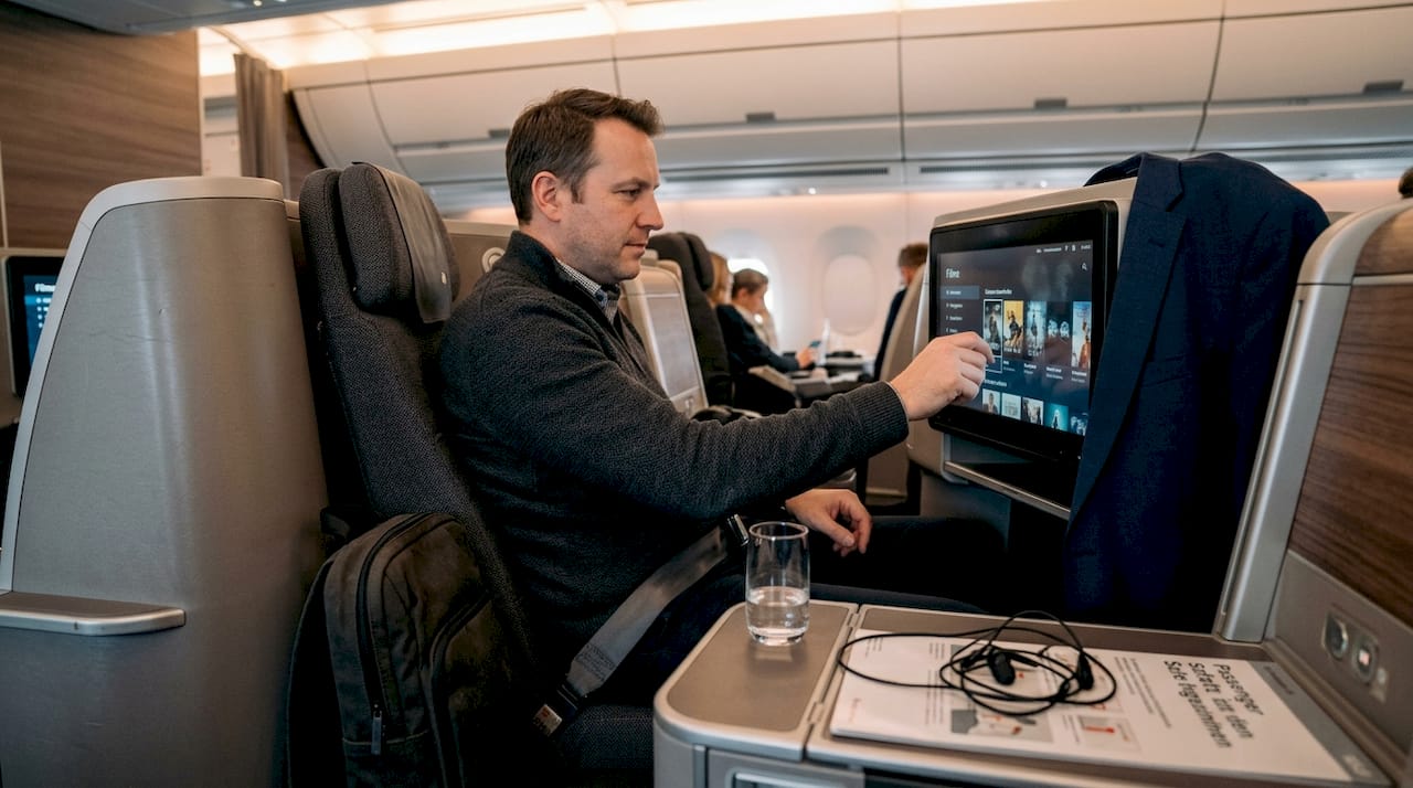 Geschäftsreisender arbeitet entspannt in einer Hightech-Kabine eines modernen Jets.