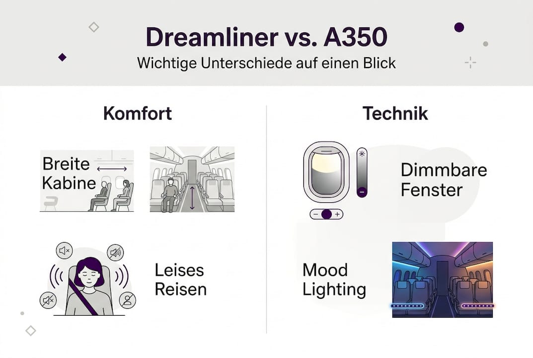 Infografik: Ein Vergleich der wichtigsten Merkmale von Dreamliner und A350