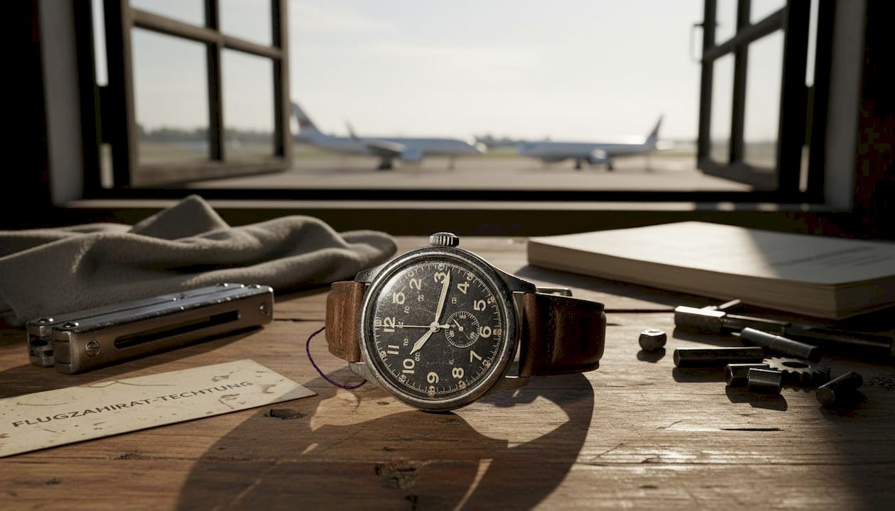 Eine Fliegeruhr liegt auf einer vollgepackten Werkbank.