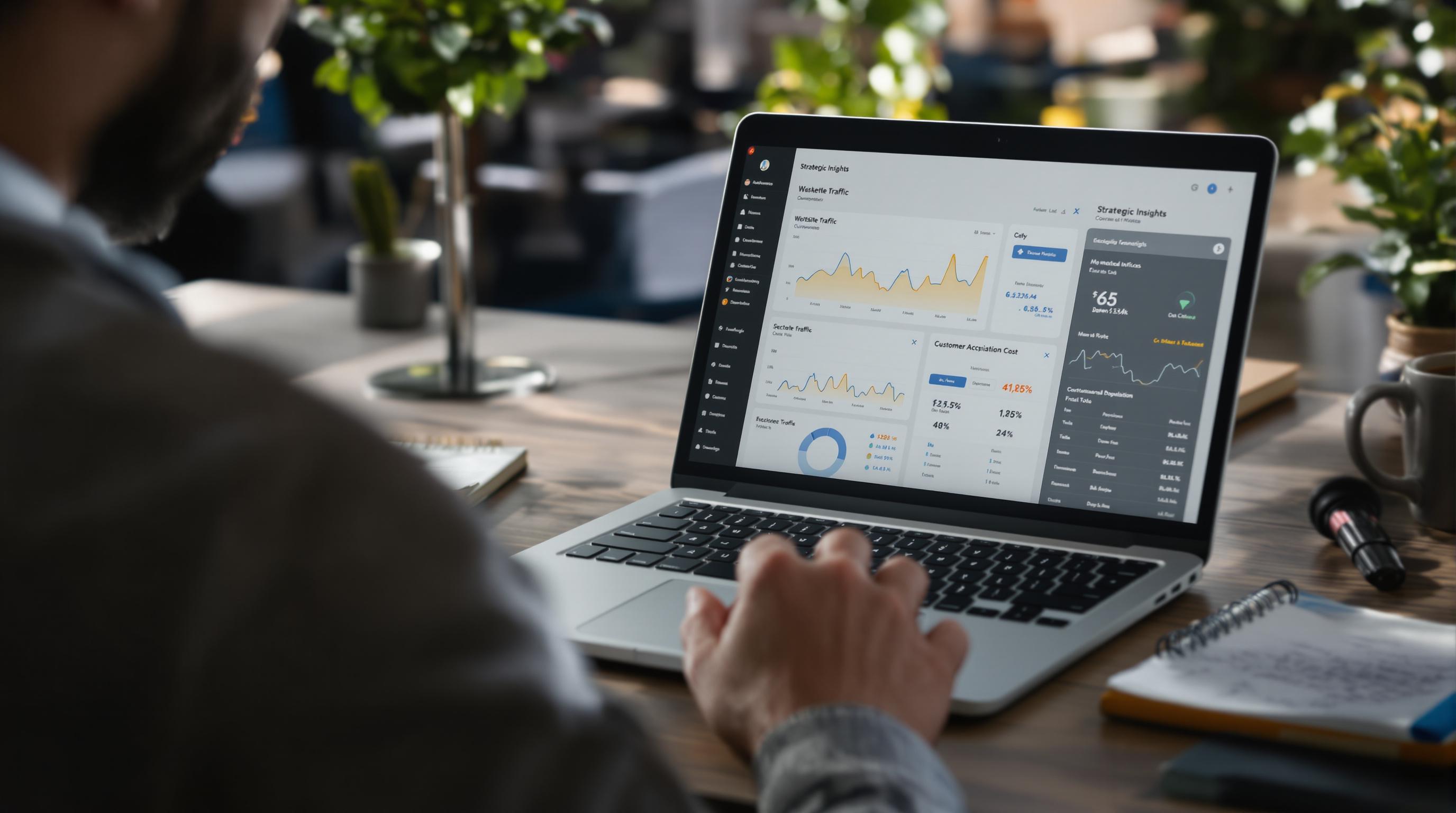 Small business owner reviewing marketing metrics dashboard for insights