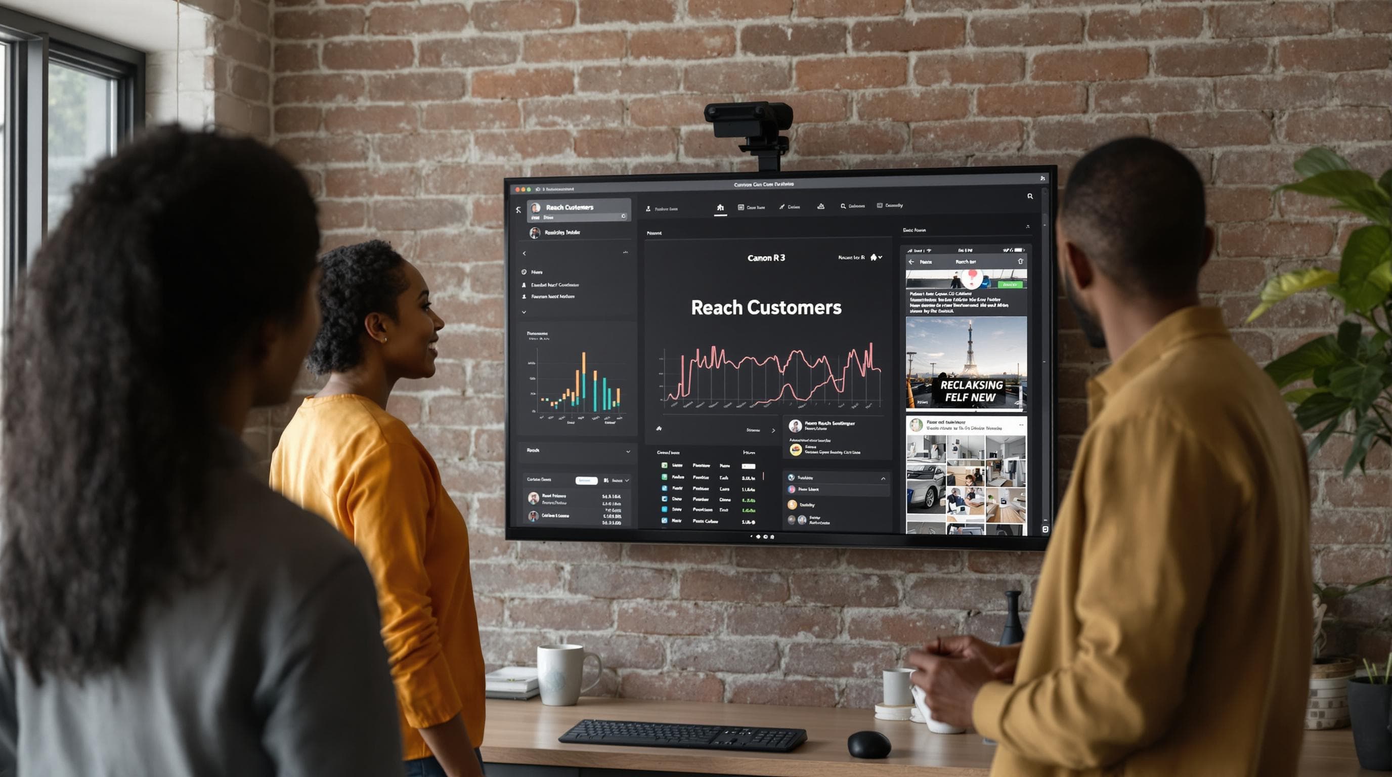 Small business team reviews digital marketing channels with 'Reach Customers' highlighted on monitor