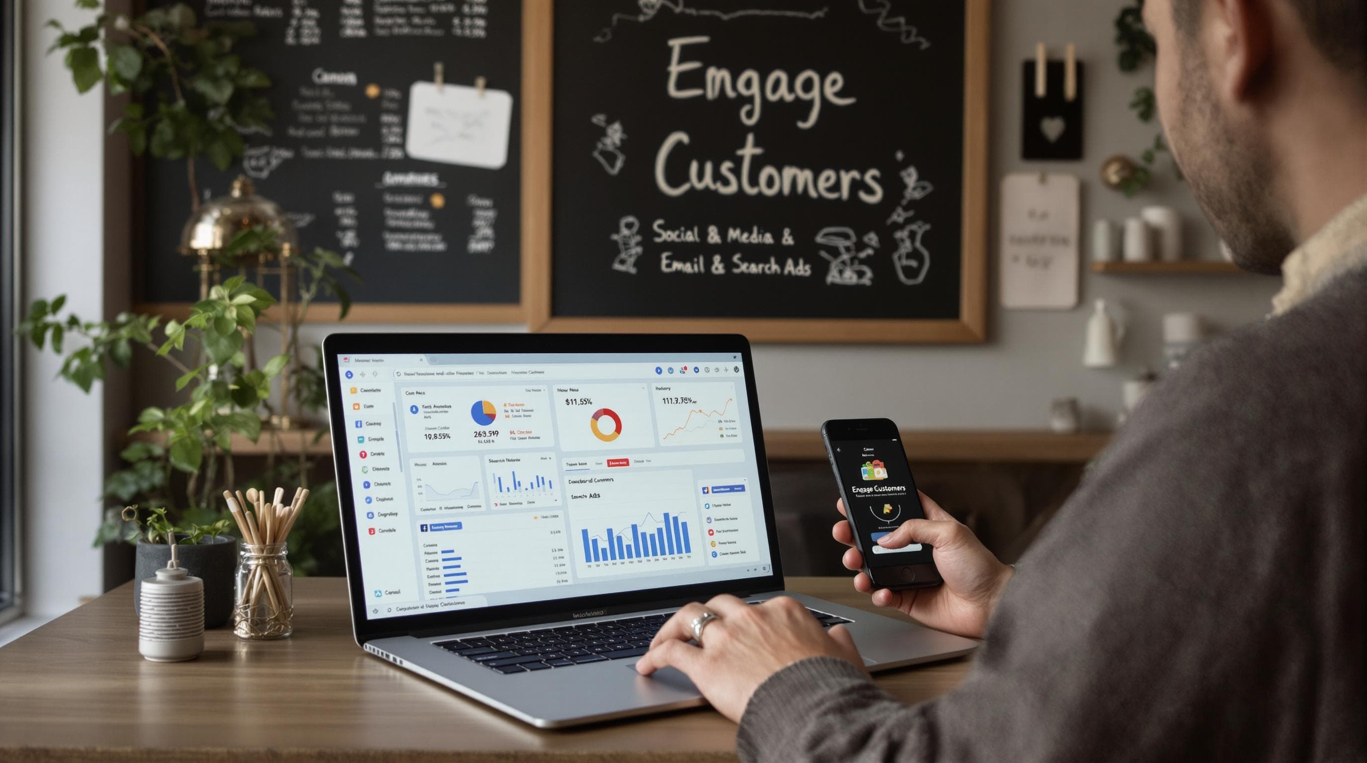 Small business owner analyzes digital marketing channels in cafe