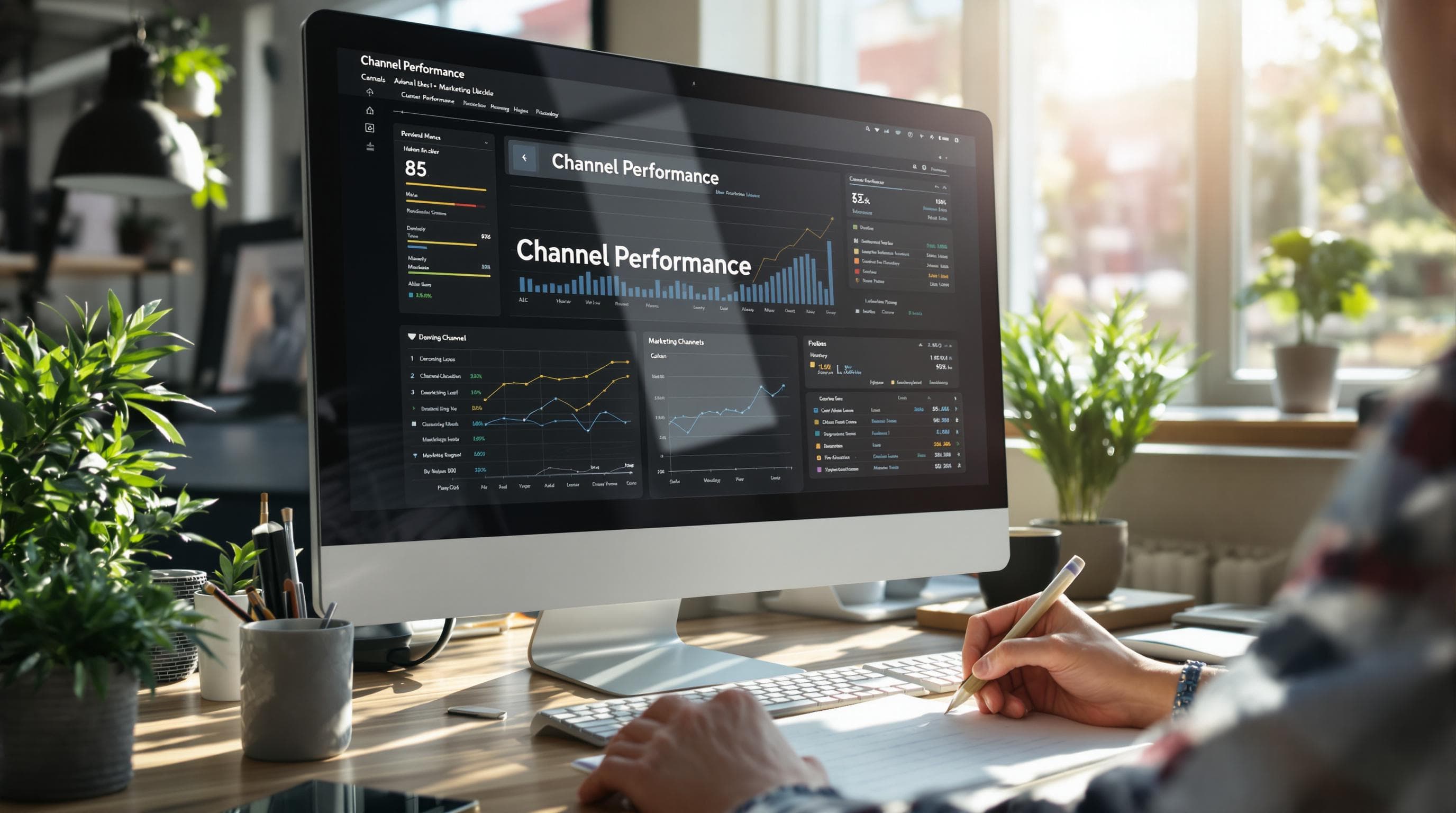 Business owner reviews marketing channel performance dashboard