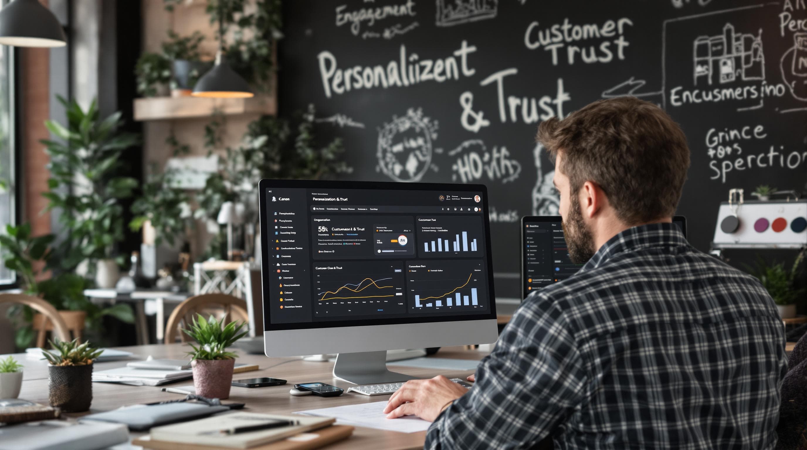 Entrepreneurs review AI marketing results and customer personalization data