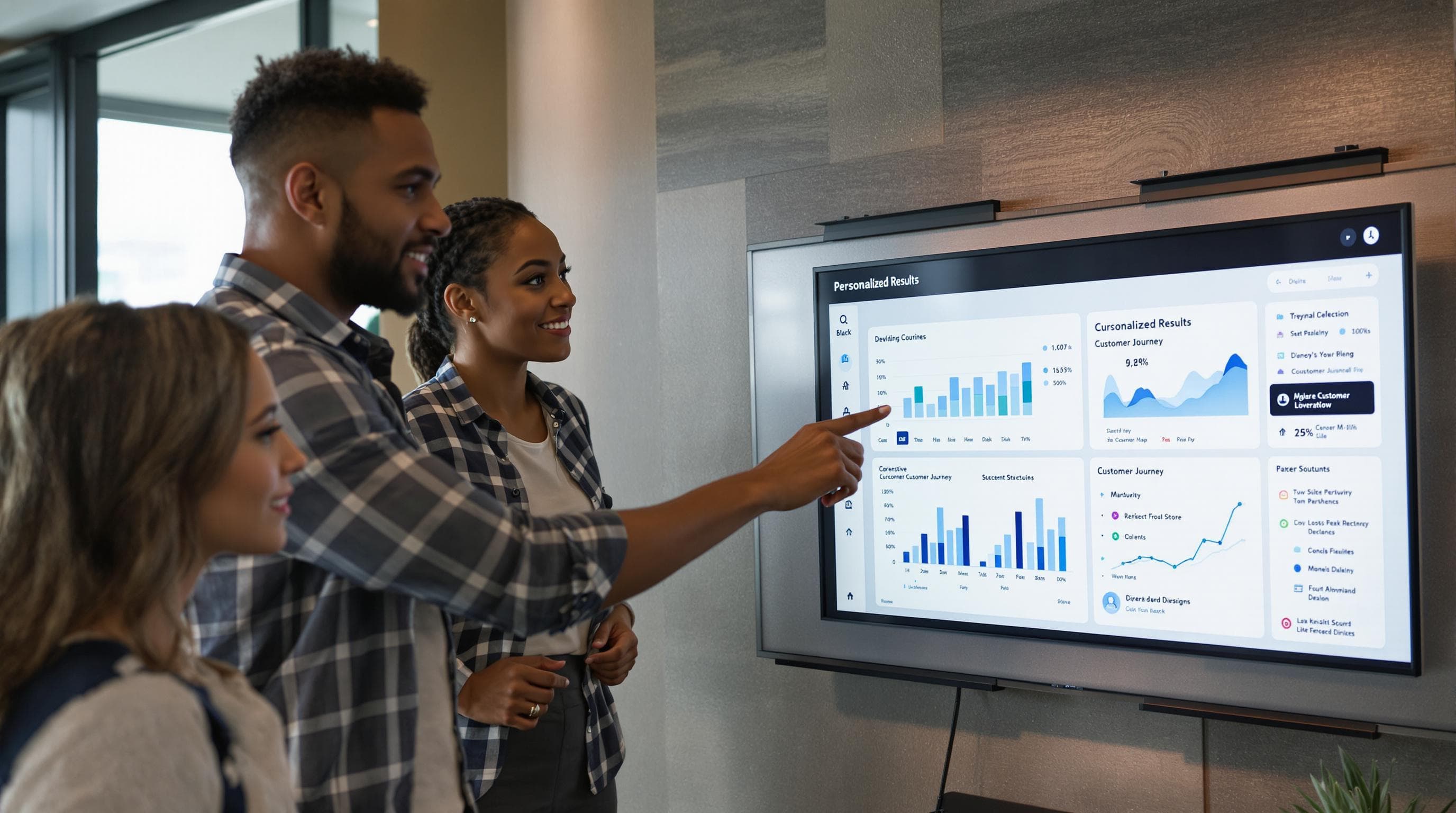 Small business team reviews dashboard labeled 'Personalized Results' while discussing customer strategies