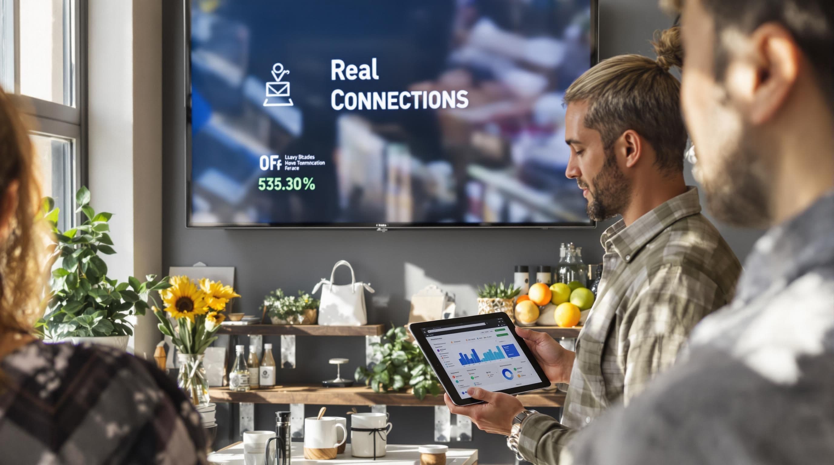 Retail owner uses tablet to show personalized marketing with 'Real Connections' on display