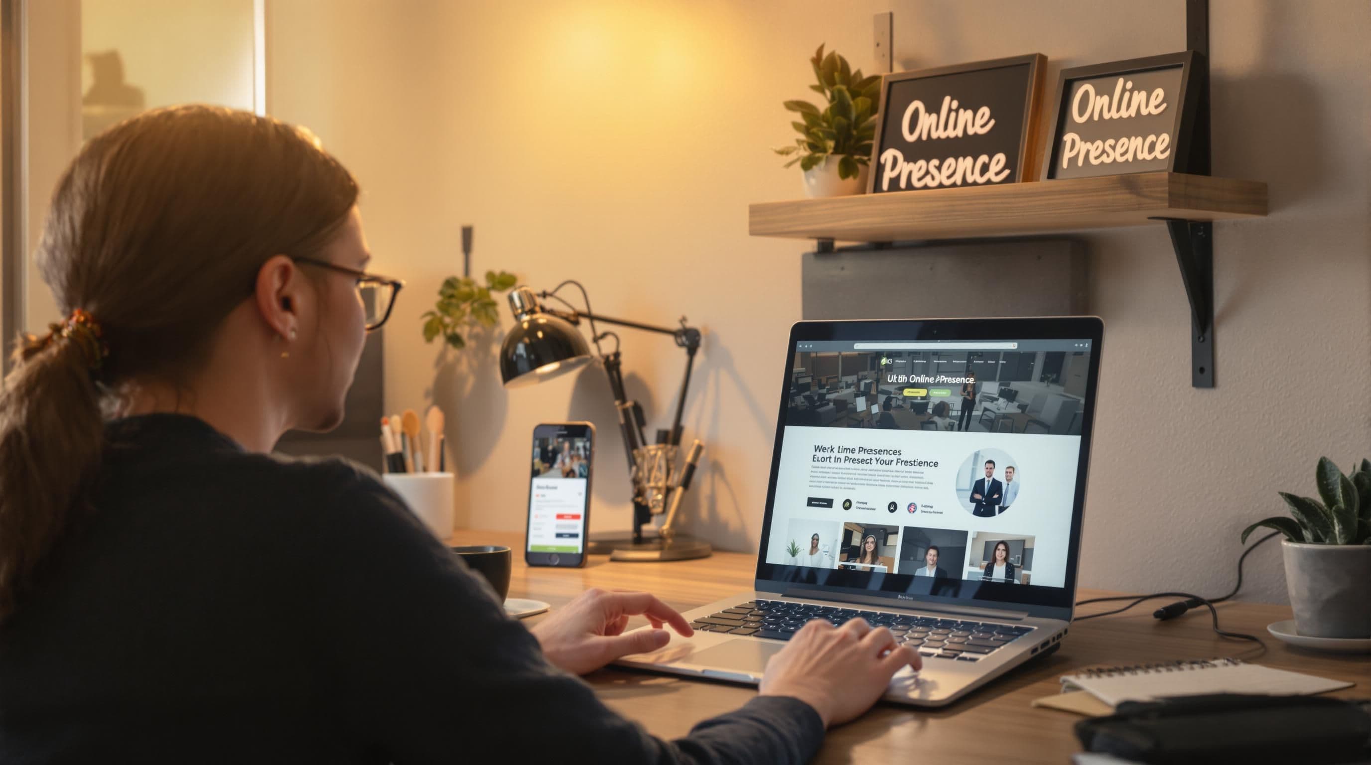 Business owner updates website and social media for online presence