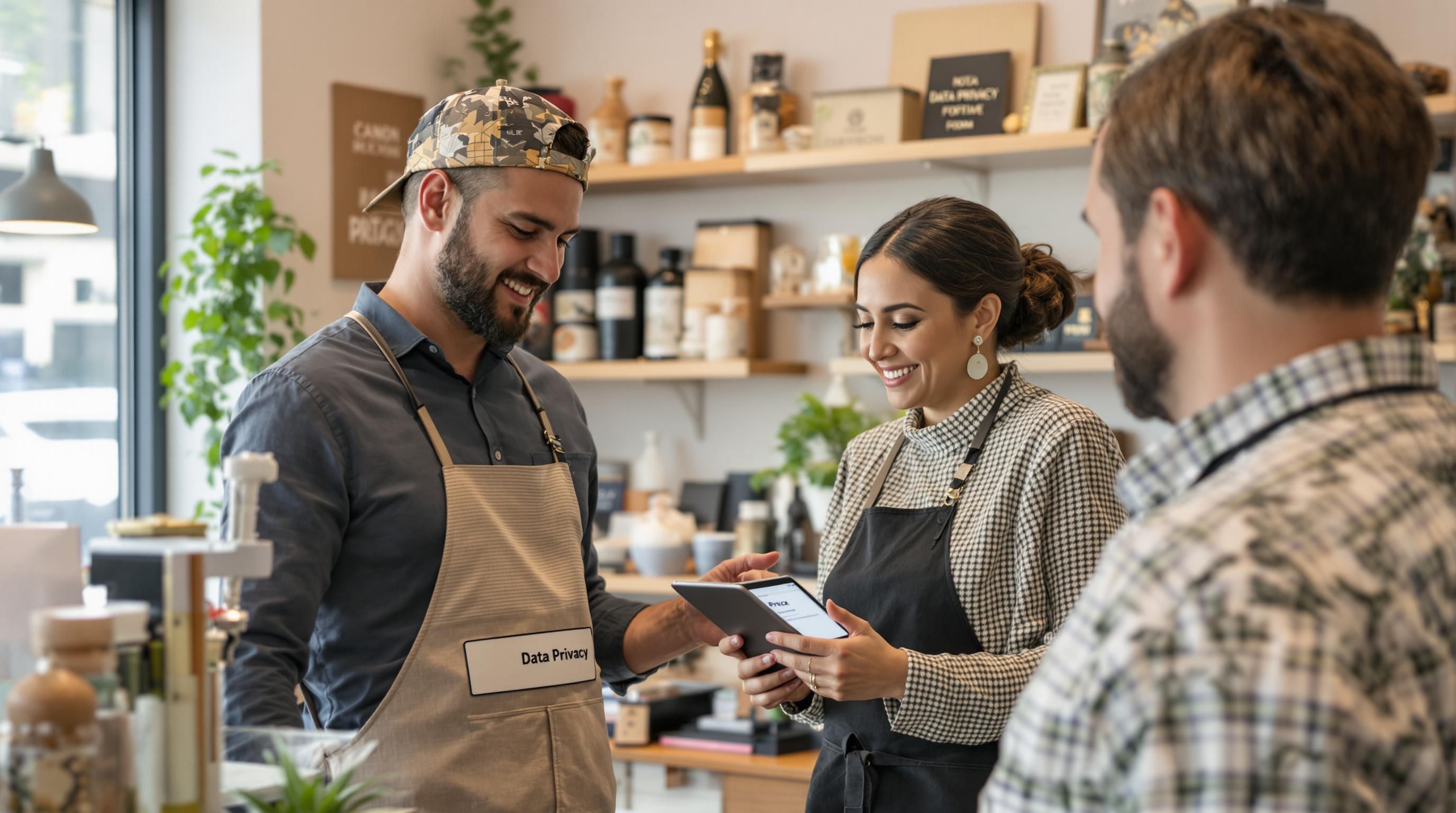 Small business owner showing privacy notice to customer at checkout