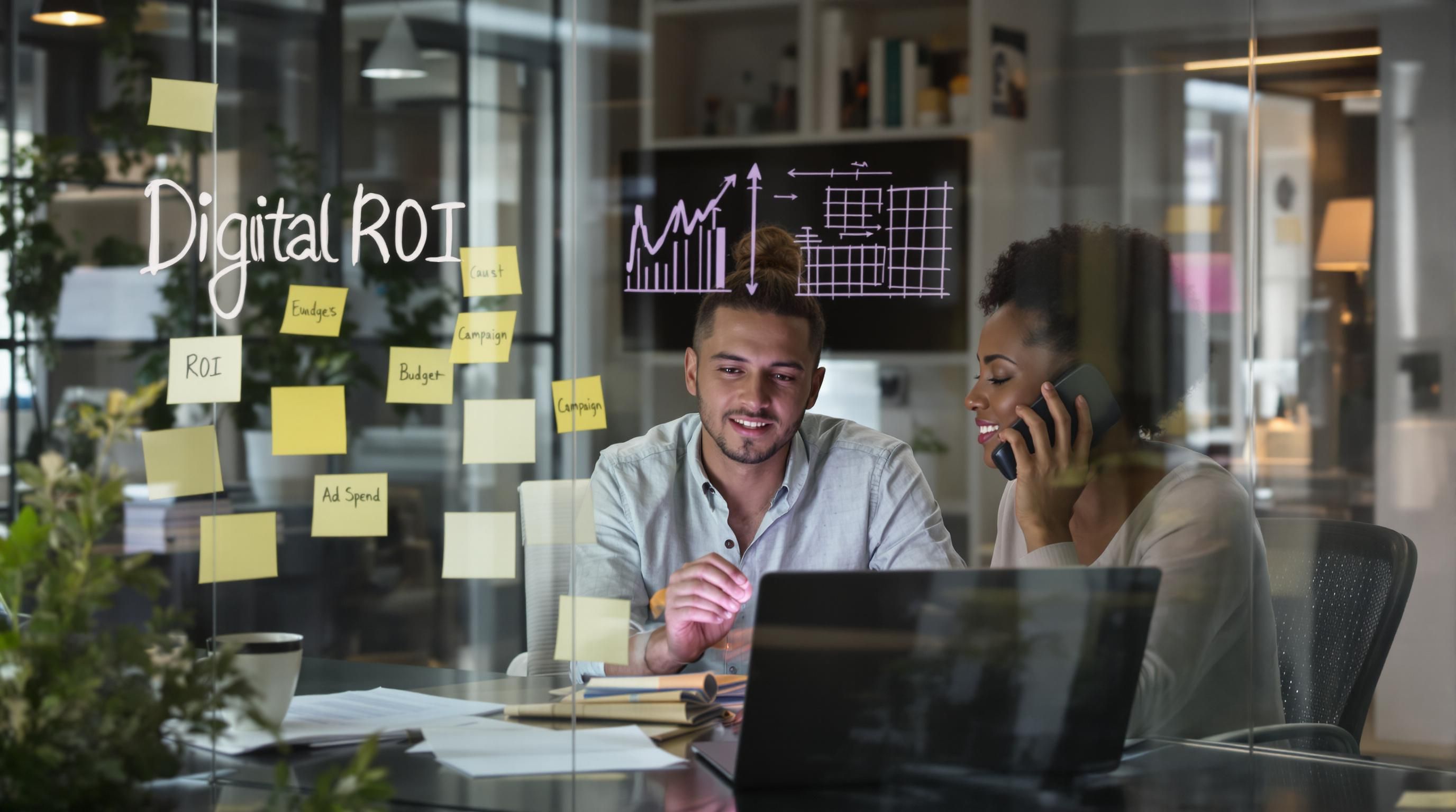Small business partners analyzing digital marketing ROI together