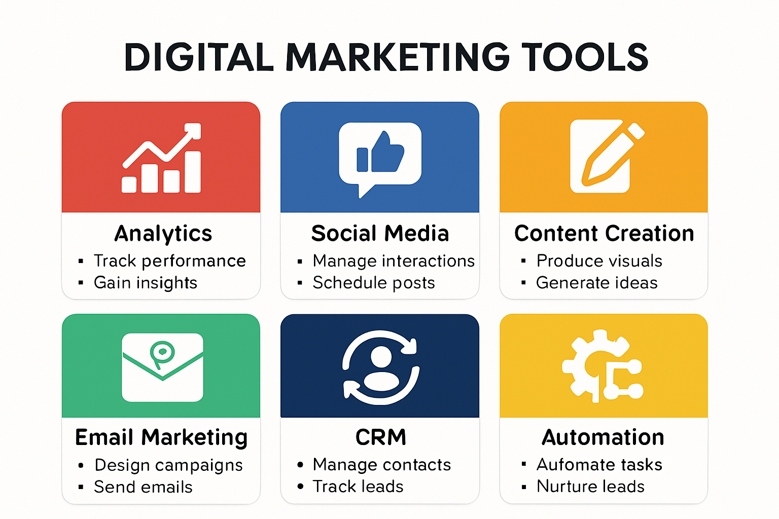 Infographic of categories of common digital marketing tools