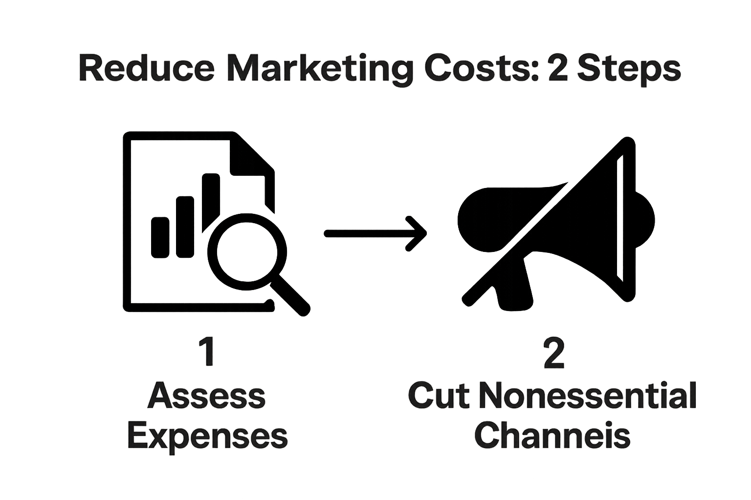 Infographic showing two steps to reduce marketing costs: audit expenses and cut channels