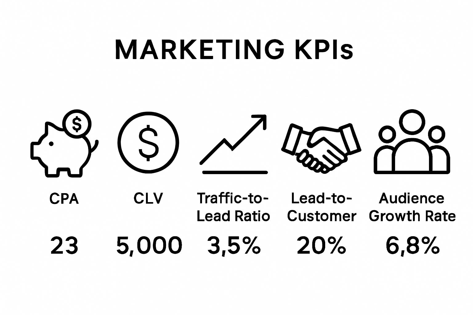 Marketing KPIs icons infographic showing five key metrics