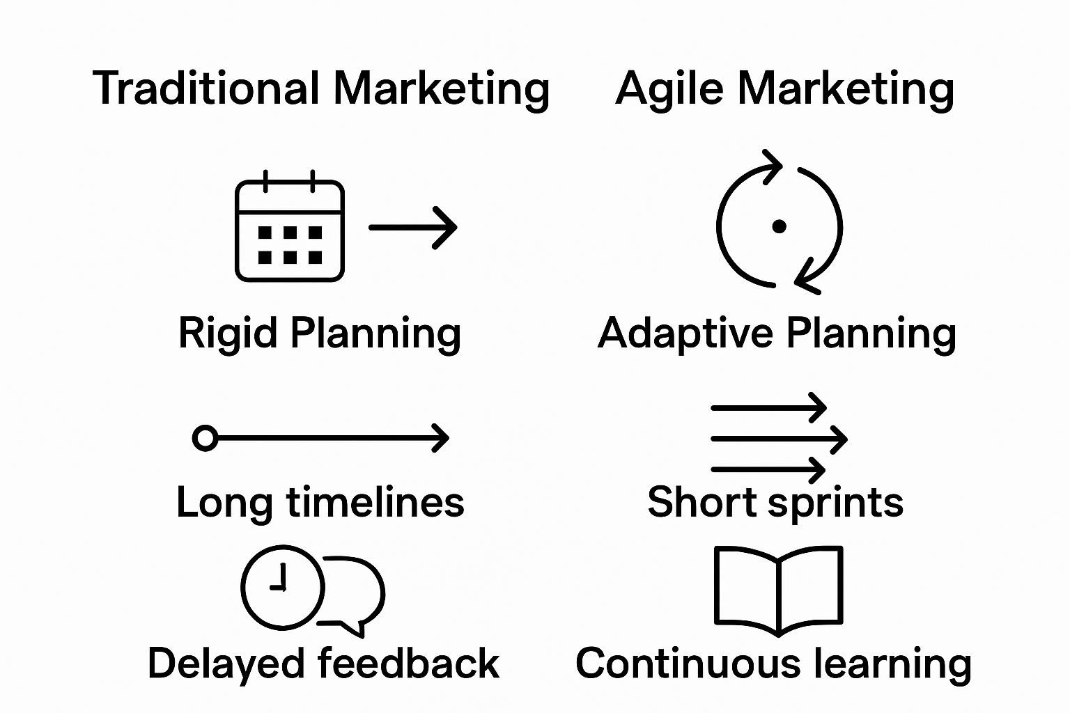 Infographic comparing traditional vs agile marketing principles using simple icons