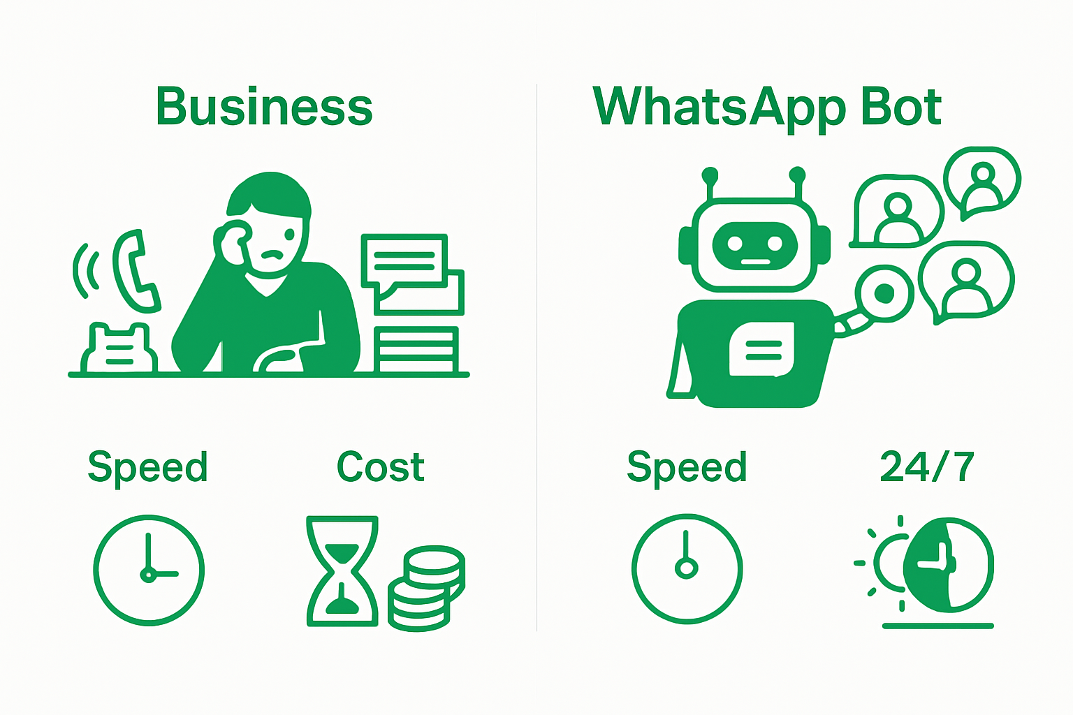 Comparison of WhatsApp bots vs traditional chat on speed, cost, and availability