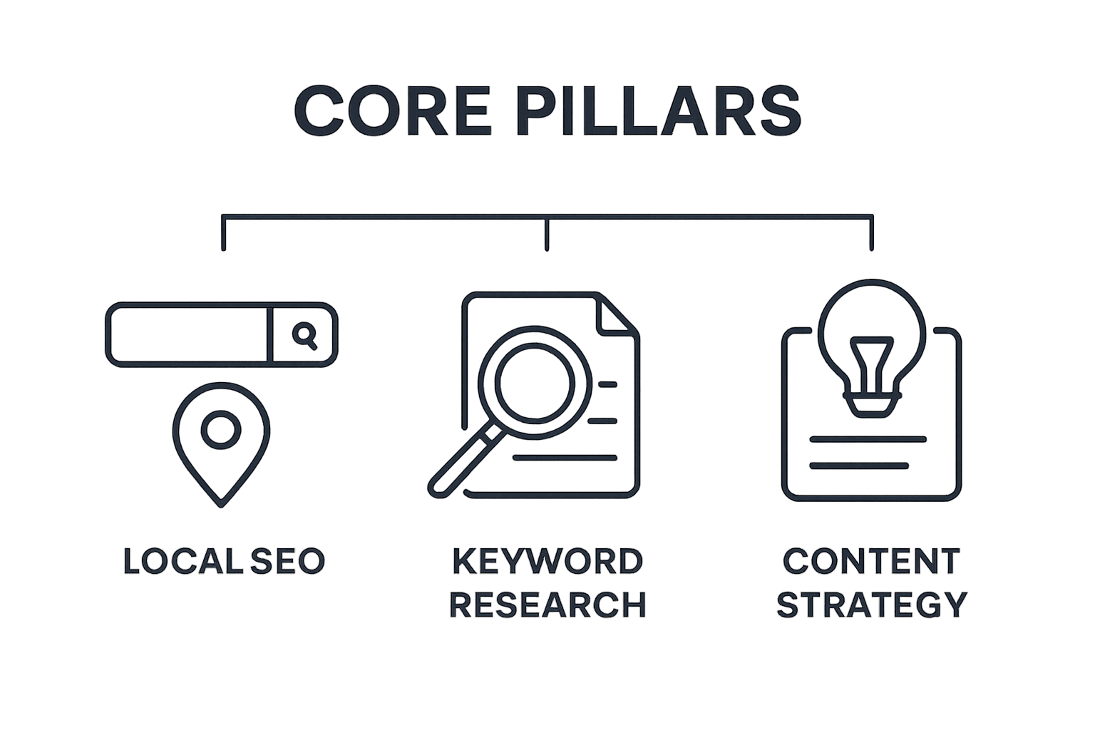 Icons for Local SEO, keyword research, and content strategy in a horizontal comparison
