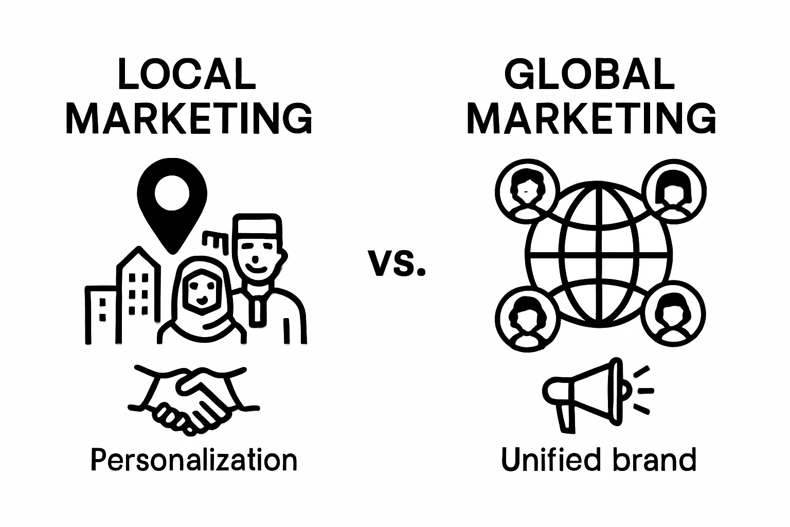 Infographic contrasting local and global marketing approaches with simple icons