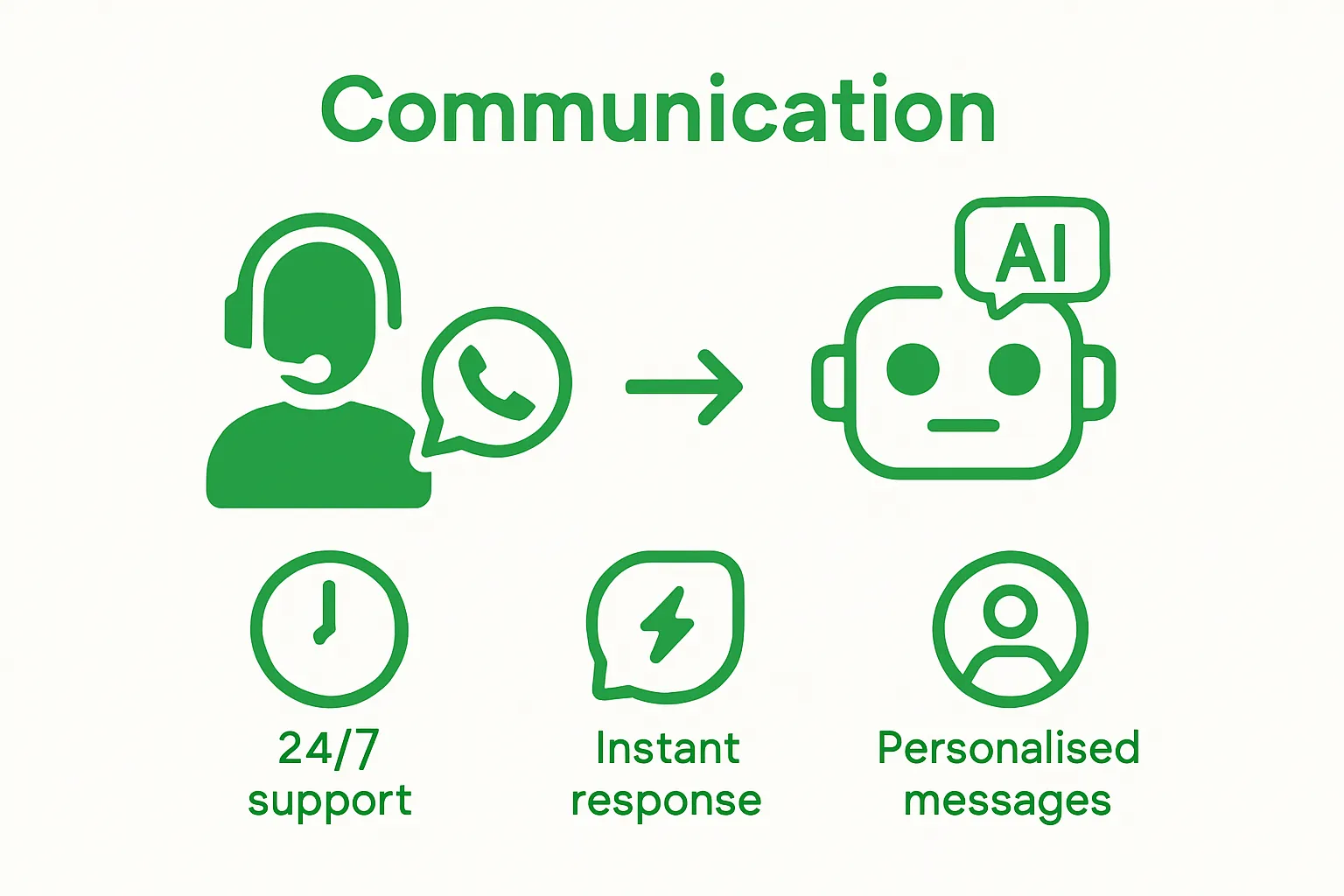Comparison of human vs AI WhatsApp messaging effectiveness using simple icons.