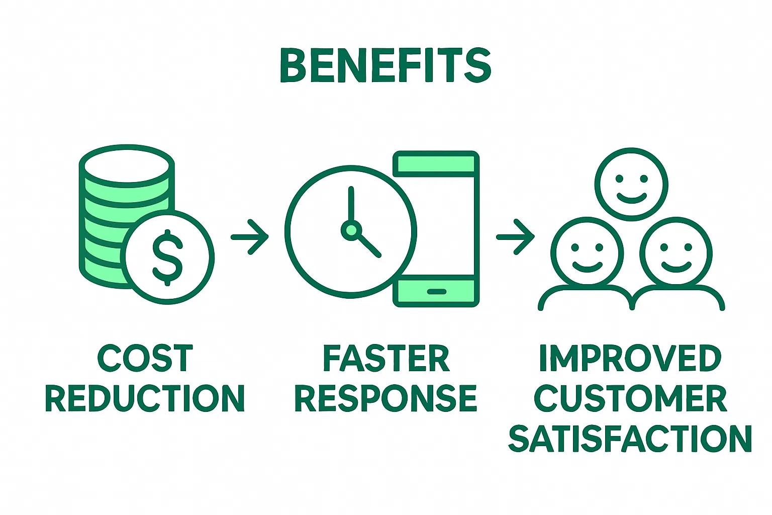 Infographic comparing benefits of WhatsApp customer support automation: cost reduction, speed, and satisfaction.