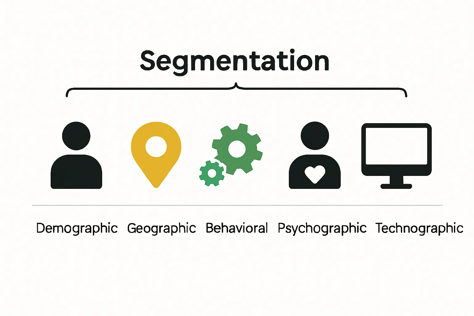 Visual icons show five customer segmentation types in one graphic
