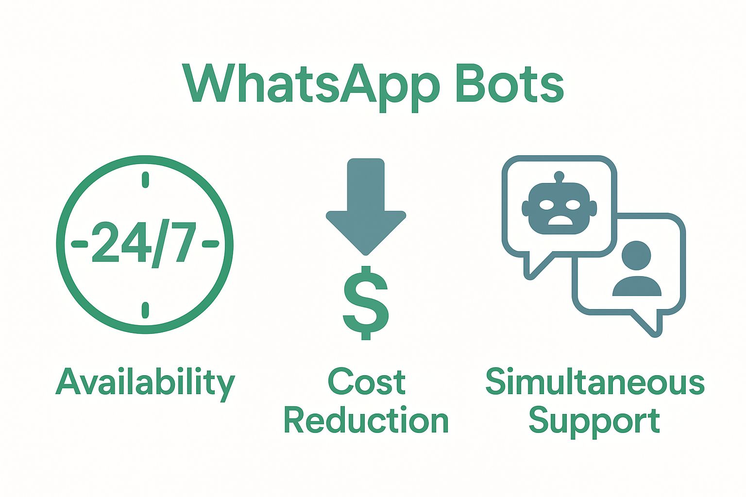 Infographic showing 24/7 availability, cost savings, and multitasking with WhatsApp bots.