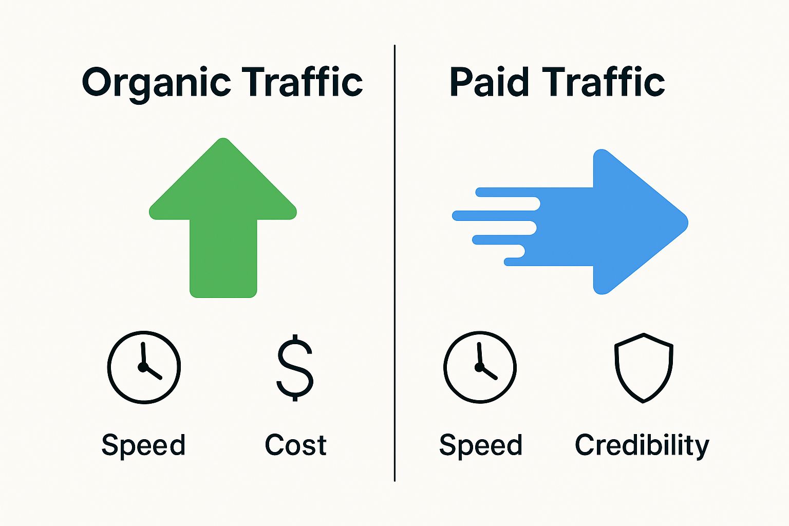 Infographic comparing organic and paid website traffic on speed, cost, and credibility