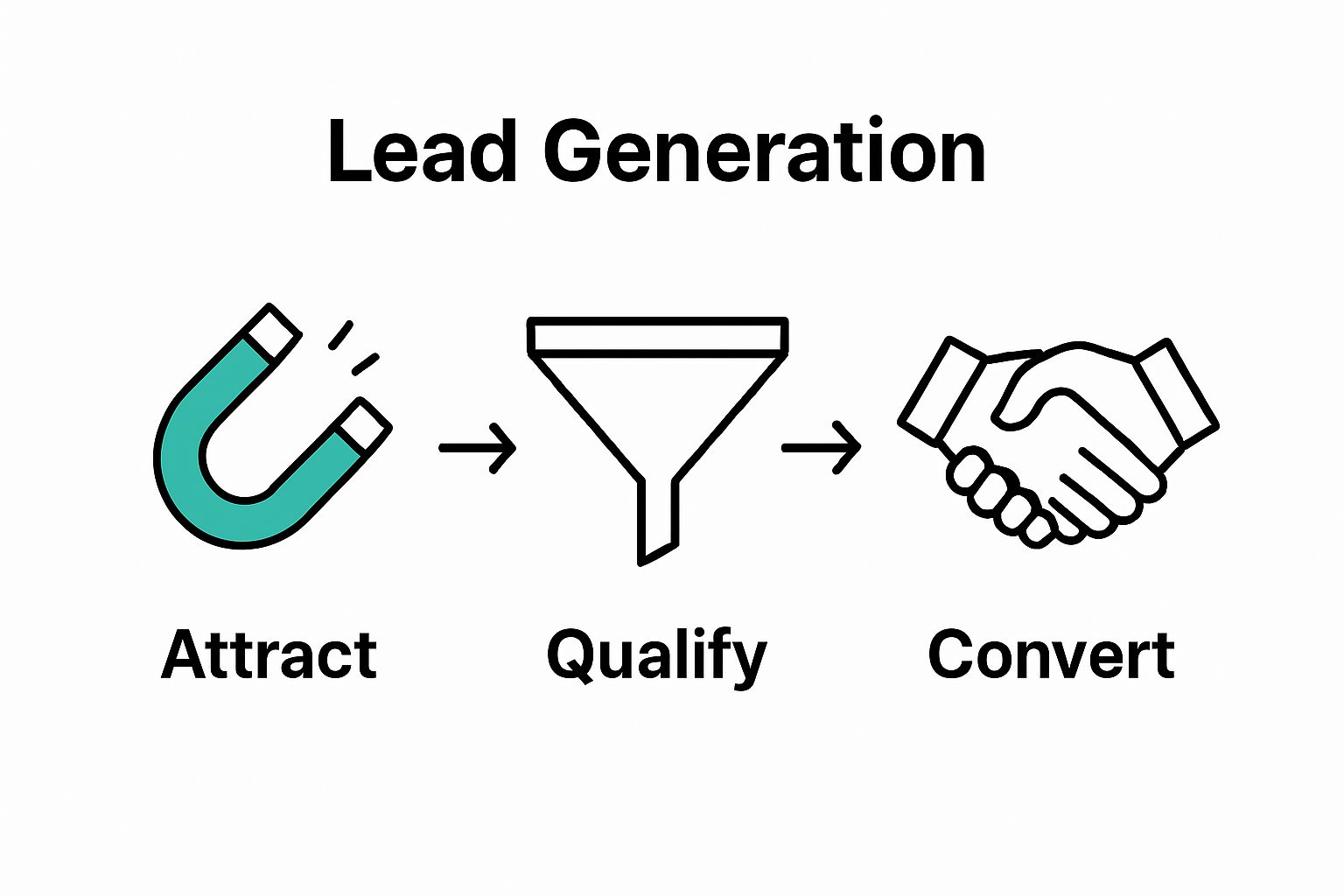 Infographic showing attract, qualify, convert lead steps