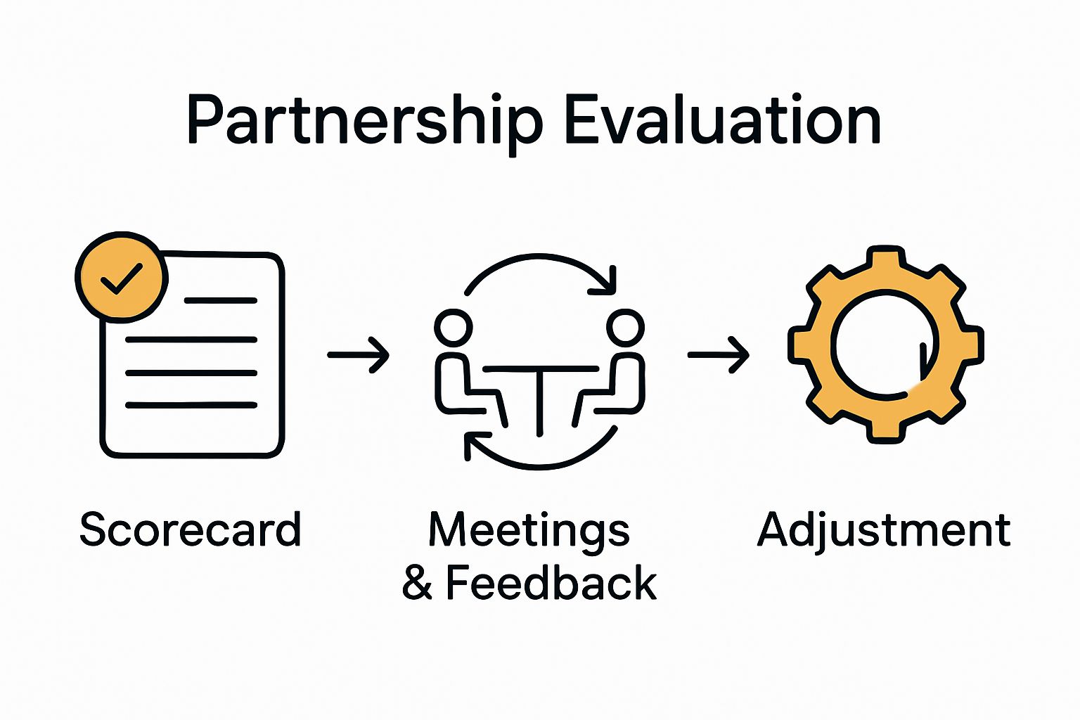 Infographic showing partnership evaluation steps: metrics, meetings, adjustments