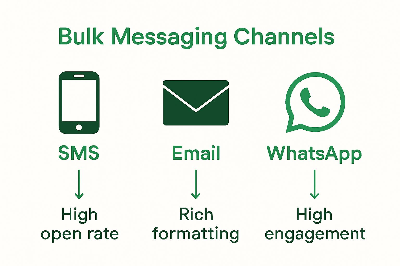 Infographic comparing SMS, Email, and WhatsApp bulk messaging channels
