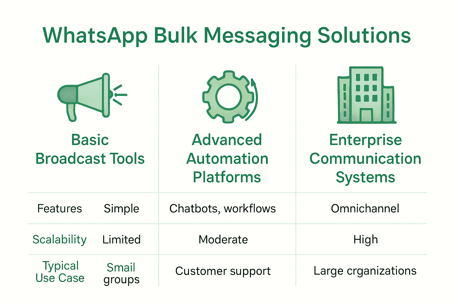Infographic comparing types of WhatsApp bulk messaging platforms for businesses in South Africa