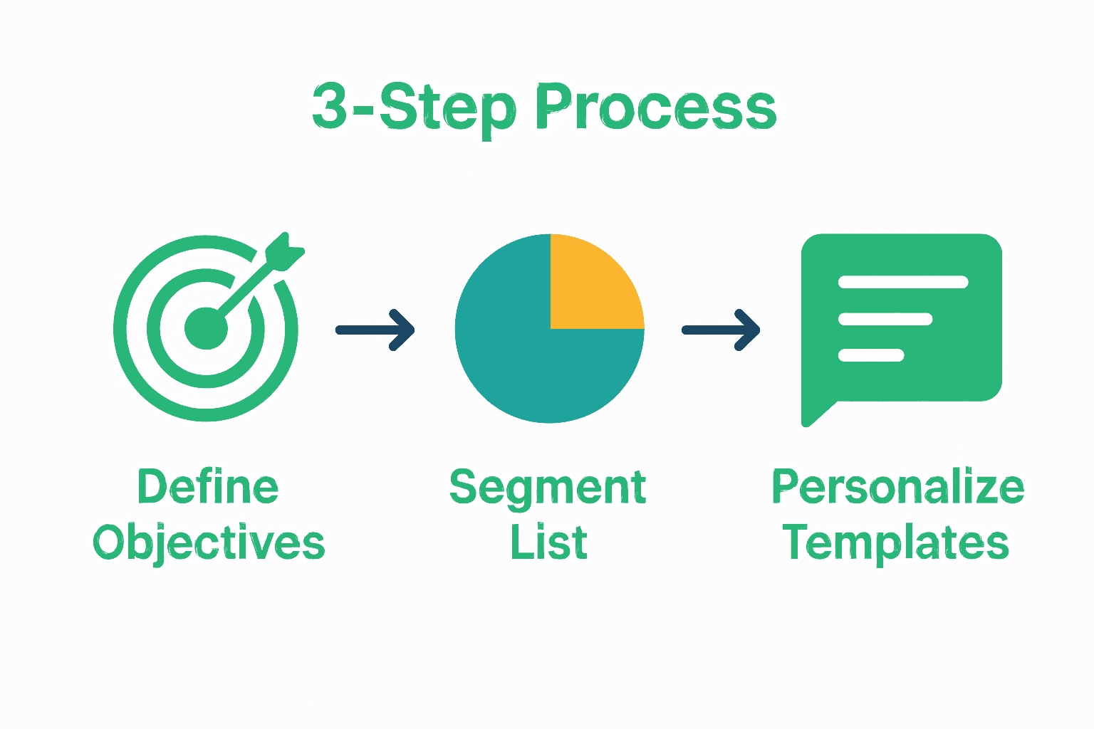 Infographic summarizing bulk messaging steps: objectives, segmentation, personalization.
