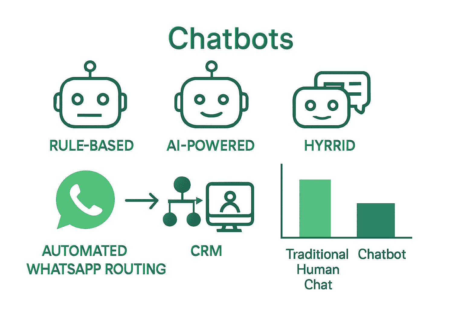 Infographic comparing types of chat automation, WhatsApp features, and response times.