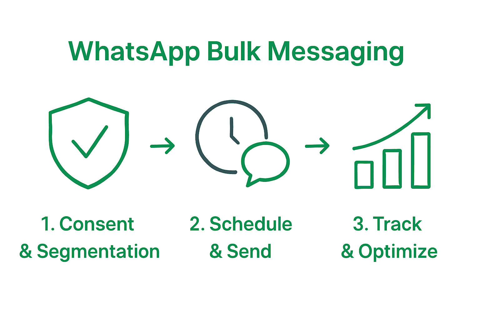 Infographic showing WhatsApp bulk messaging workflow: consent, scheduling, analytics.