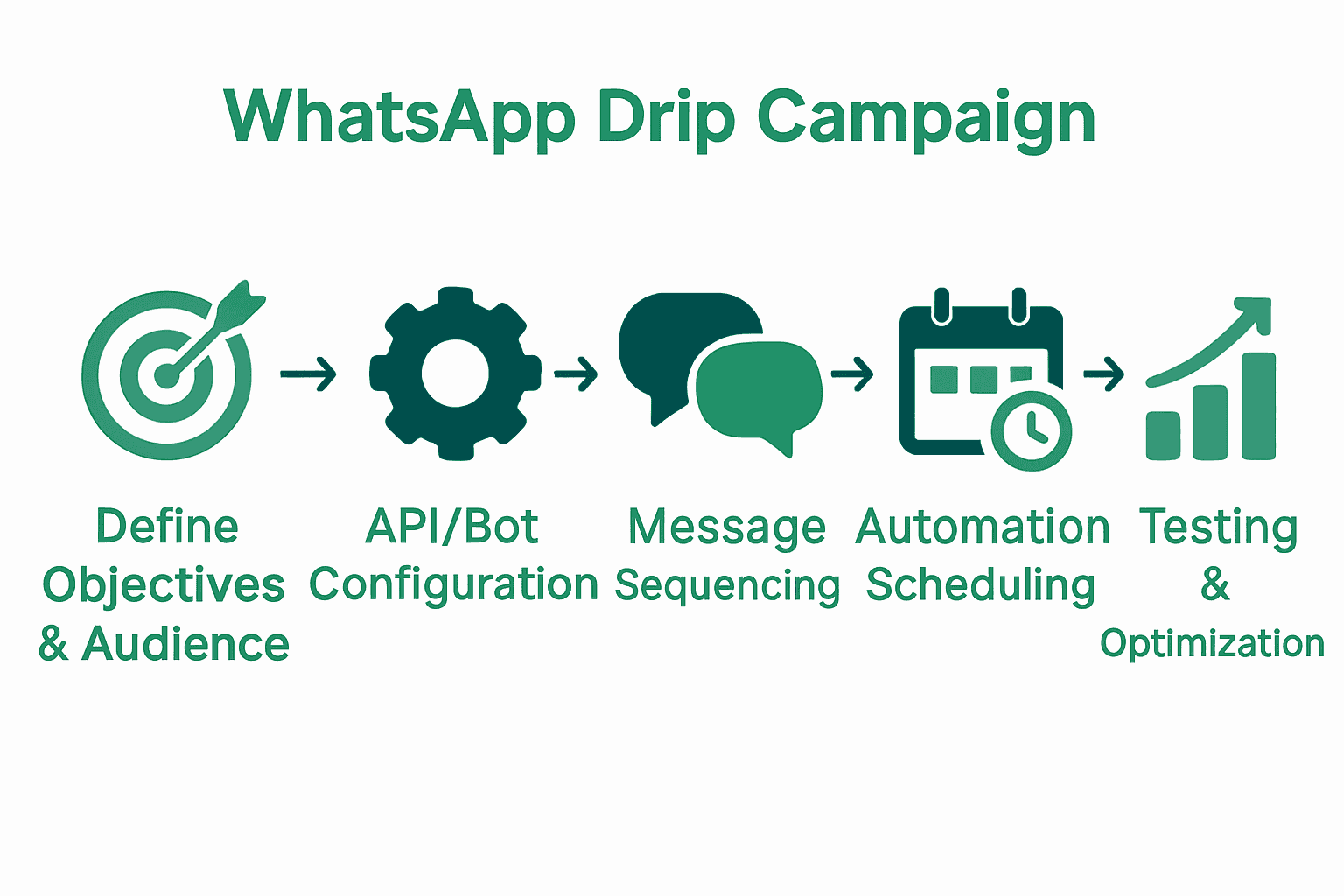 Infographic visualizing WhatsApp drip campaign setup process in five key steps