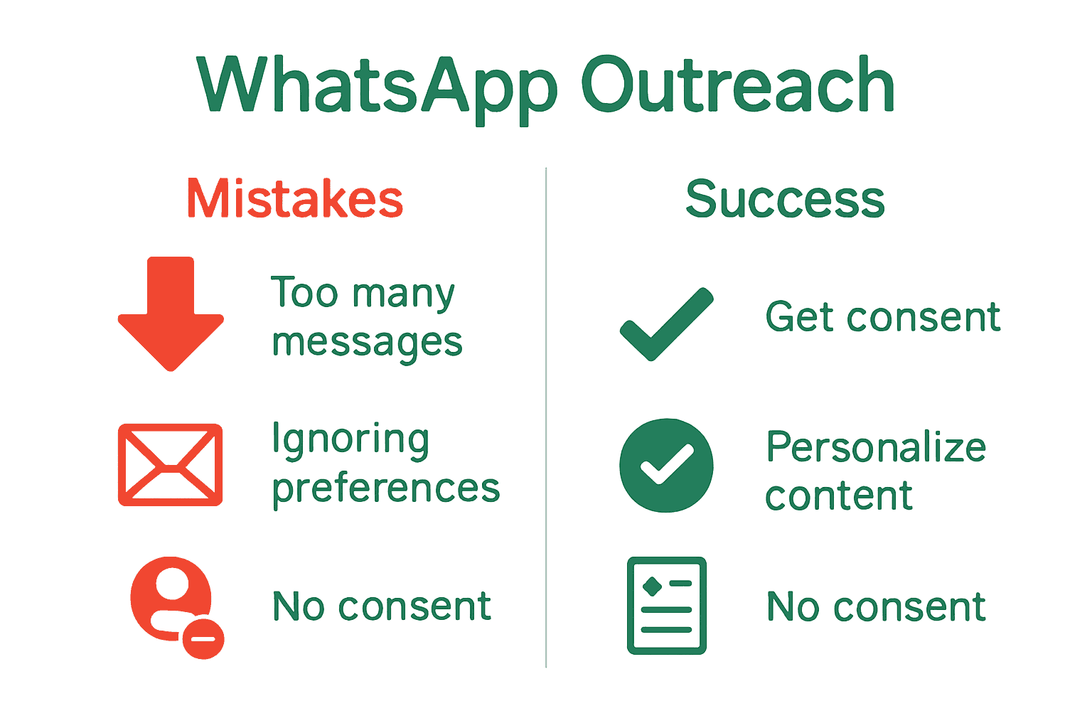 Chart comparing common WhatsApp outreach mistakes and solutions.