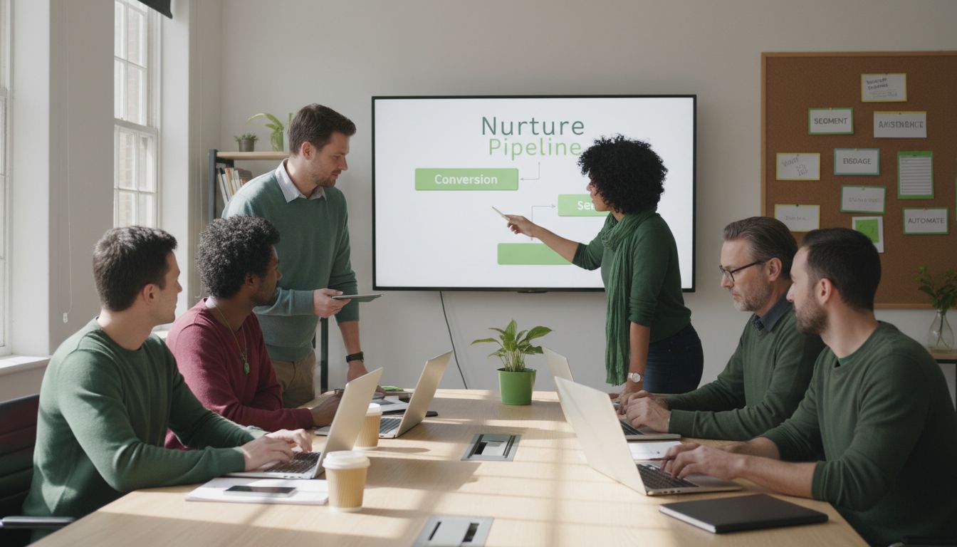 Team collaborating on automated lead nurture flow