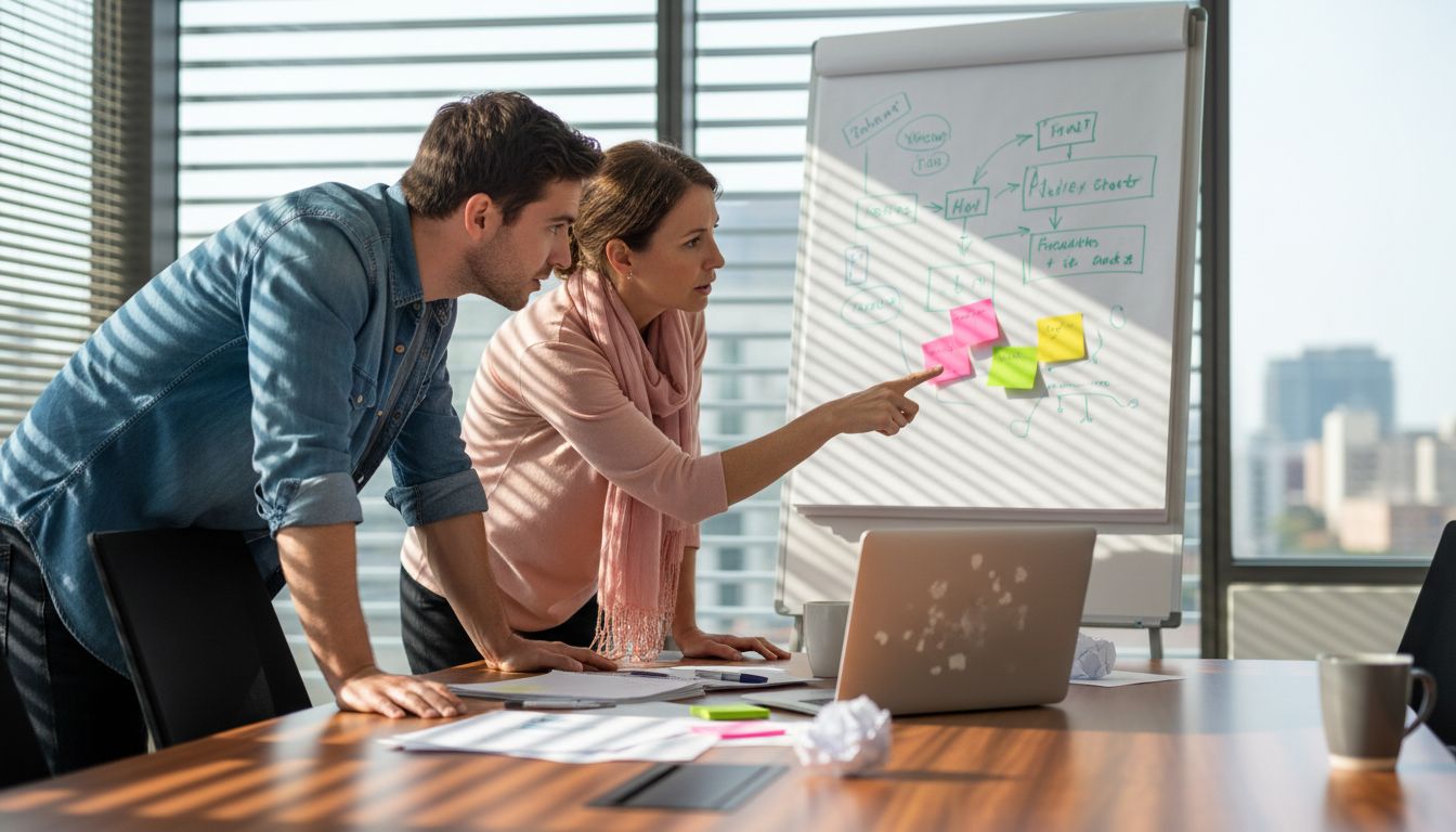 Colleagues planning automation workflow on whiteboard