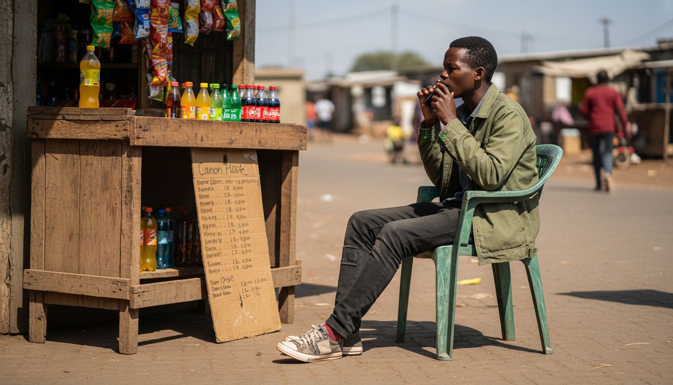 Street vendor uses WhatsApp outside spaza shop