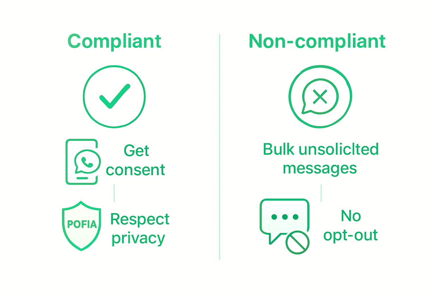 Infographic comparing WhatsApp compliant and non-compliant marketing