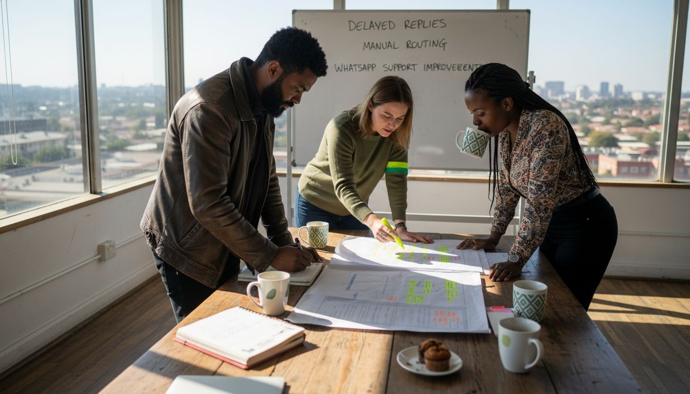 Team meeting reviewing workflow issues