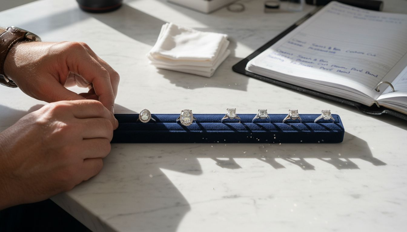 Jeweler showing rings of different diamond shapes