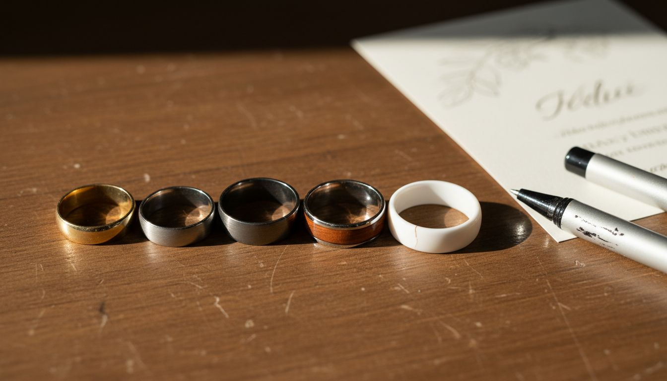 Five wedding bands in various materials