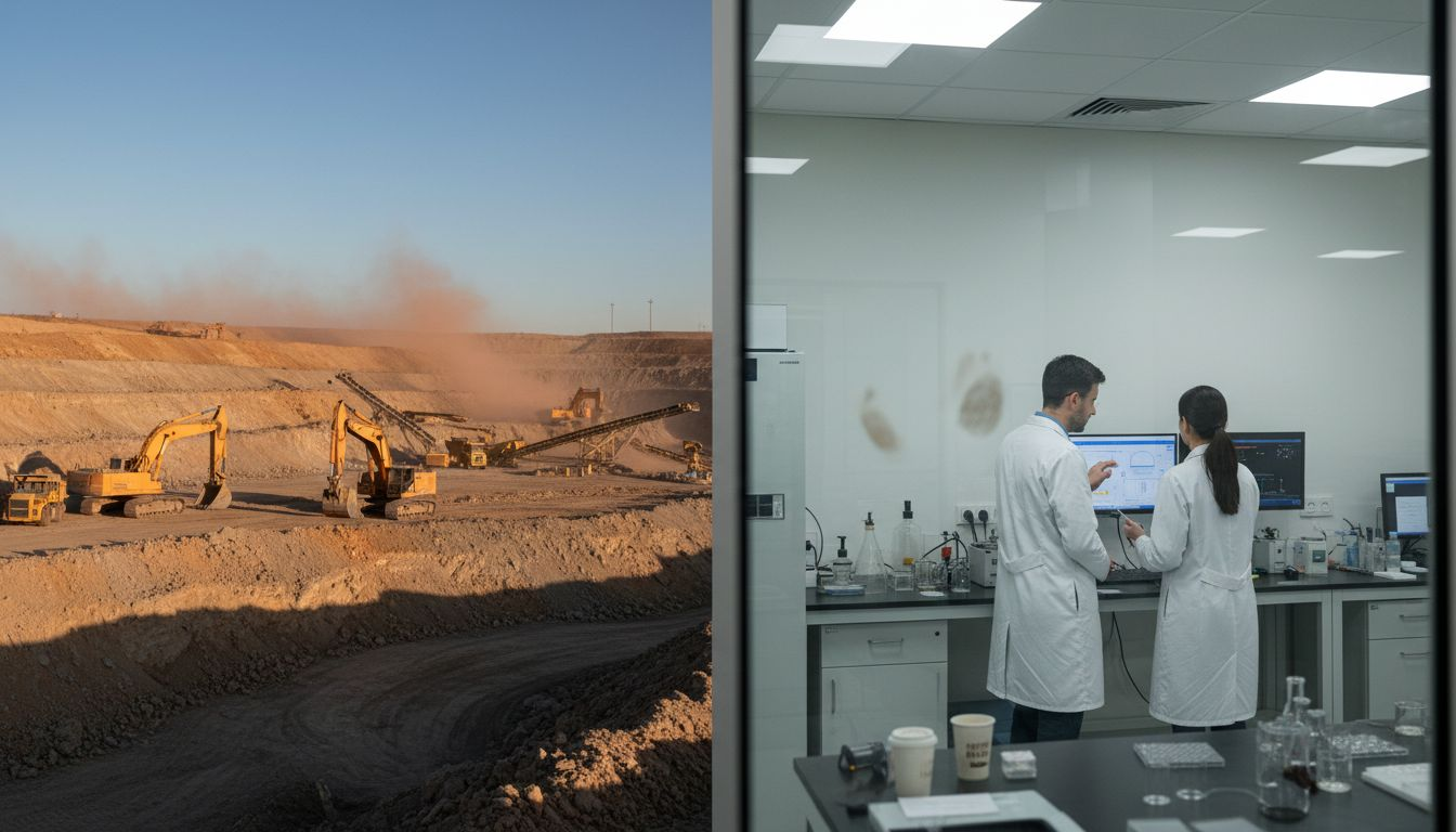 Split view diamond mine and laboratory scene