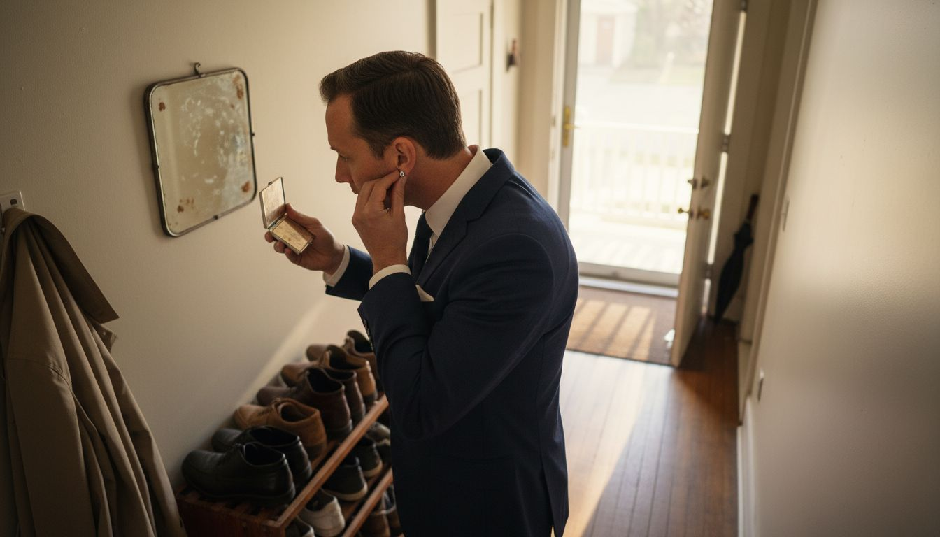 Man adjusting diamond earring near doorway